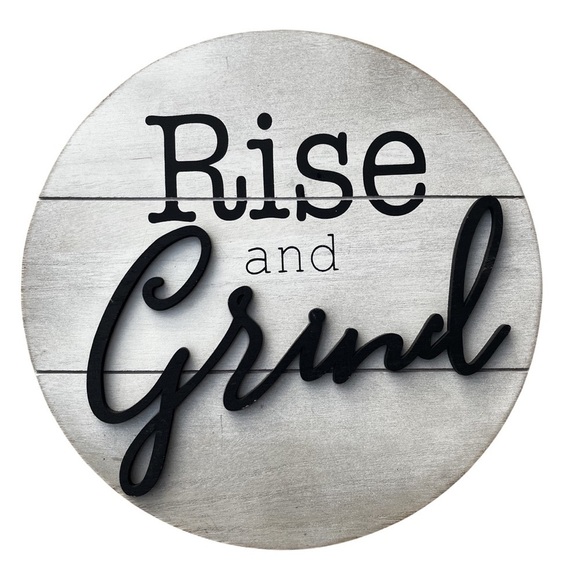 Coffee Bar Decor Round White Coffee Bar Sign w/ ‘Rise and Grind’ in Black - Picture 2 of 9